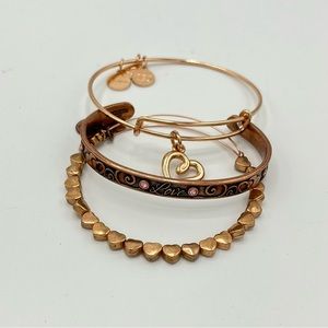 NWOT Alex and Ani Rose Gold “Love & Heart Charm” Bracelets set of 3